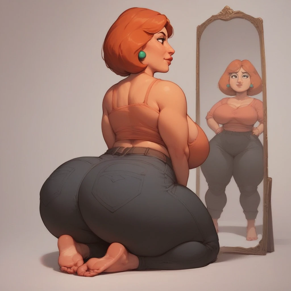 Alone , plump, Lois Griffin redhead . black eyes, big breasts. a girl, looking at the spectator, Hands on your own back , Huge Ass, kneeling position, barefoot, forbidden pants, GOOD, in front of the mirror,