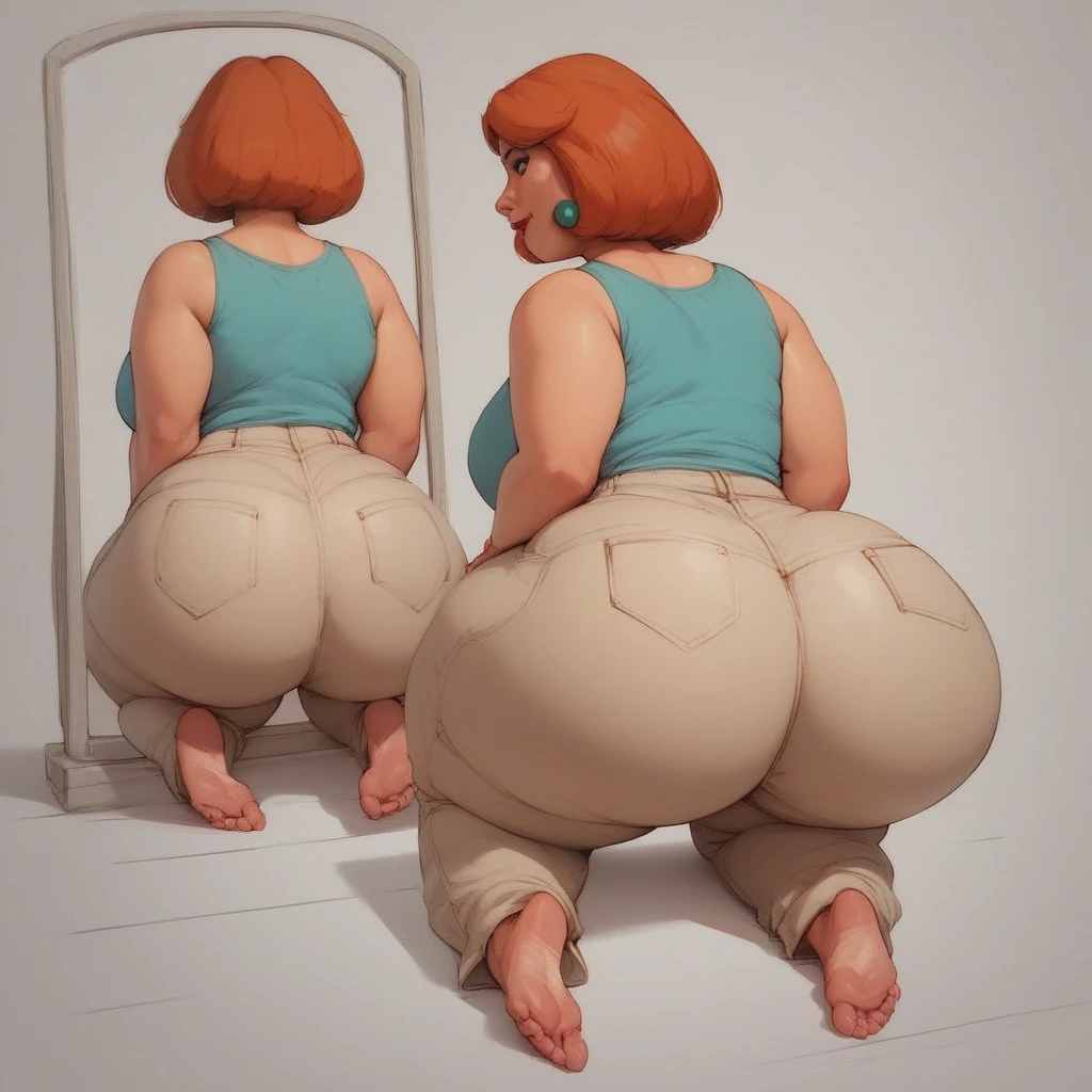 Alone , plump, Lois Griffin redhead . black eyes, big breasts. a girl, looking at the spectator, Hands on your own back , Huge Ass, kneeling position, barefoot, forbidden pants, GOOD, in front of the mirror,