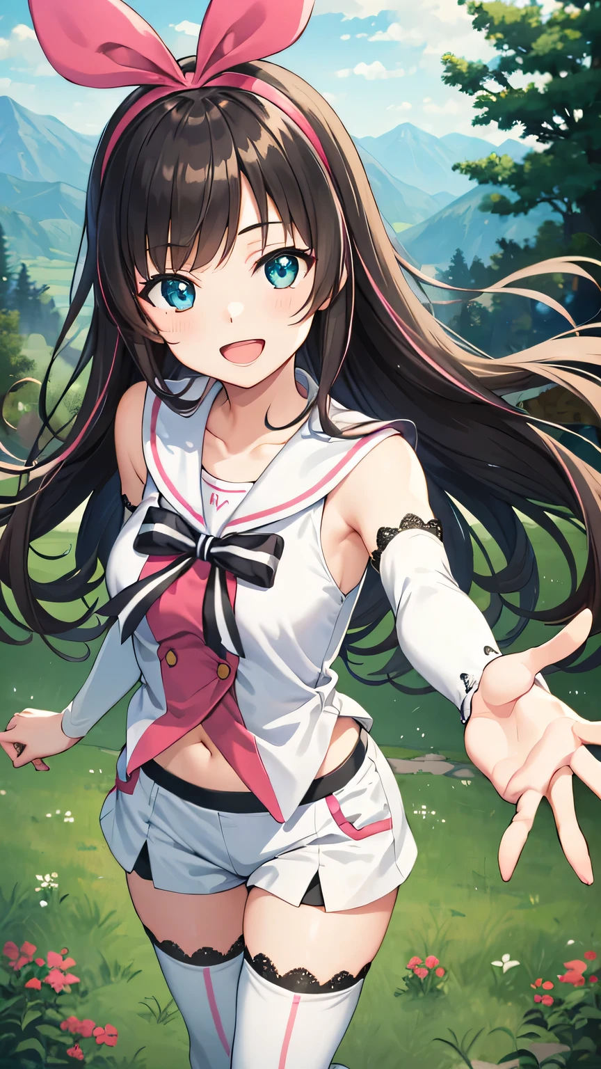 {{{masterpiece}}}, (best quality:1.5), (ultra-detailed:1.5), {illustration}, {{an extremely delicate and beautiful}}, (beautiful detailed eyes:1.5), absurdres, highres, extremely detailed face, 16k, hd, visual anime de uma jovem mulher, extremamente bonito rosto de anime, anime melhor garota, (perfect hands, perfect anatomy), anime face, kizuna ai(Vtuber), 1girl, solo, cute face, long hair, brown hair, multicolored hair, floating hair, streaked hair, pink hair, swept bangs, hairband, hair bow, pink hairband, blue eyes, medium breasts, big hips, curvaceous, BREAK, white shirt, sleeveless shirt, sailor collar, white sailor collar, bowtie, lace-trimmed sleeves, detached sleeves, navel, black sash, white shorts, (white thighhighs:1.2), pink striped, lace-trimmed legwear, thighs, zettai ryouiki, BREAK, cute face, open mouth, smiling, pointing, dancing, jumping, from above, outdoor, mountain, forest, flower garden, (cute gestures:1.2), dynamic pose, dynamic angle, mysterious, fluttering skirt