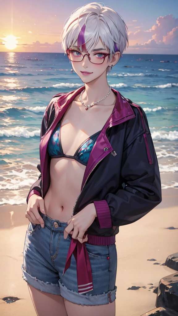 Best image quality、RAW Photos、Ultra-high resolution、21 years old Korean、Small breasts、Dynamic Angle、Cowboy Shot、Chaos in its most beautiful form、elegant、Brutalist Design、Vibrant colors、Beautiful white hair、Short Bob、smile、fun、smile、Glowing White Skin、Beautiful eyes with random colors、Very thin lips、Beautiful eyes in every detail、length, Narrow eyes、Cheeks are pale pink、length eyelashes、Beautiful double eyelids、eye shadow、Bright white hair、Black cropped top、See through jacket、See through、hot pants、Sandy Beach、Squat