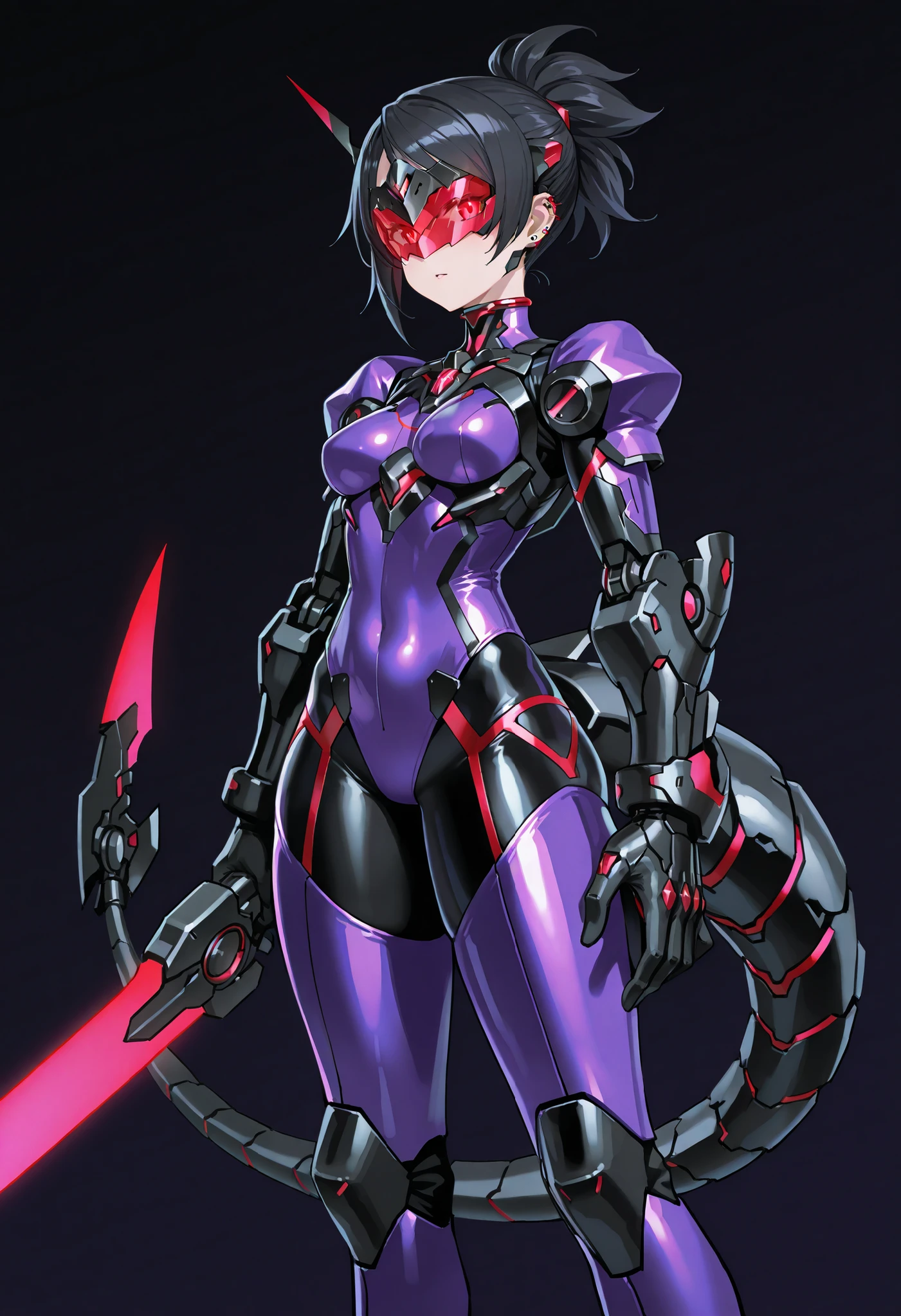 Cyborg girl. Black hair. Short hair. Tied hair. Red glowing cyber visor. Armored bodysuit. Purple costume. Mechanical tail fin. Large hands. Both hands fused with weapons. Piercing weapon.