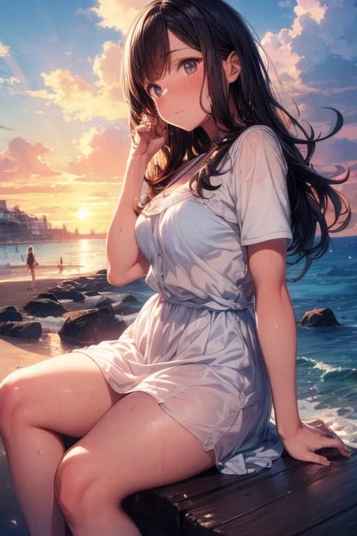 ultra detailed, highres, (realistic, photorealistic: 1.4), 8k, raw photo, (masterpiece), (best quality), physics-based rendering, female college student, long brown hair, Korea, beach, looking sock unbuttoned_white_shirt