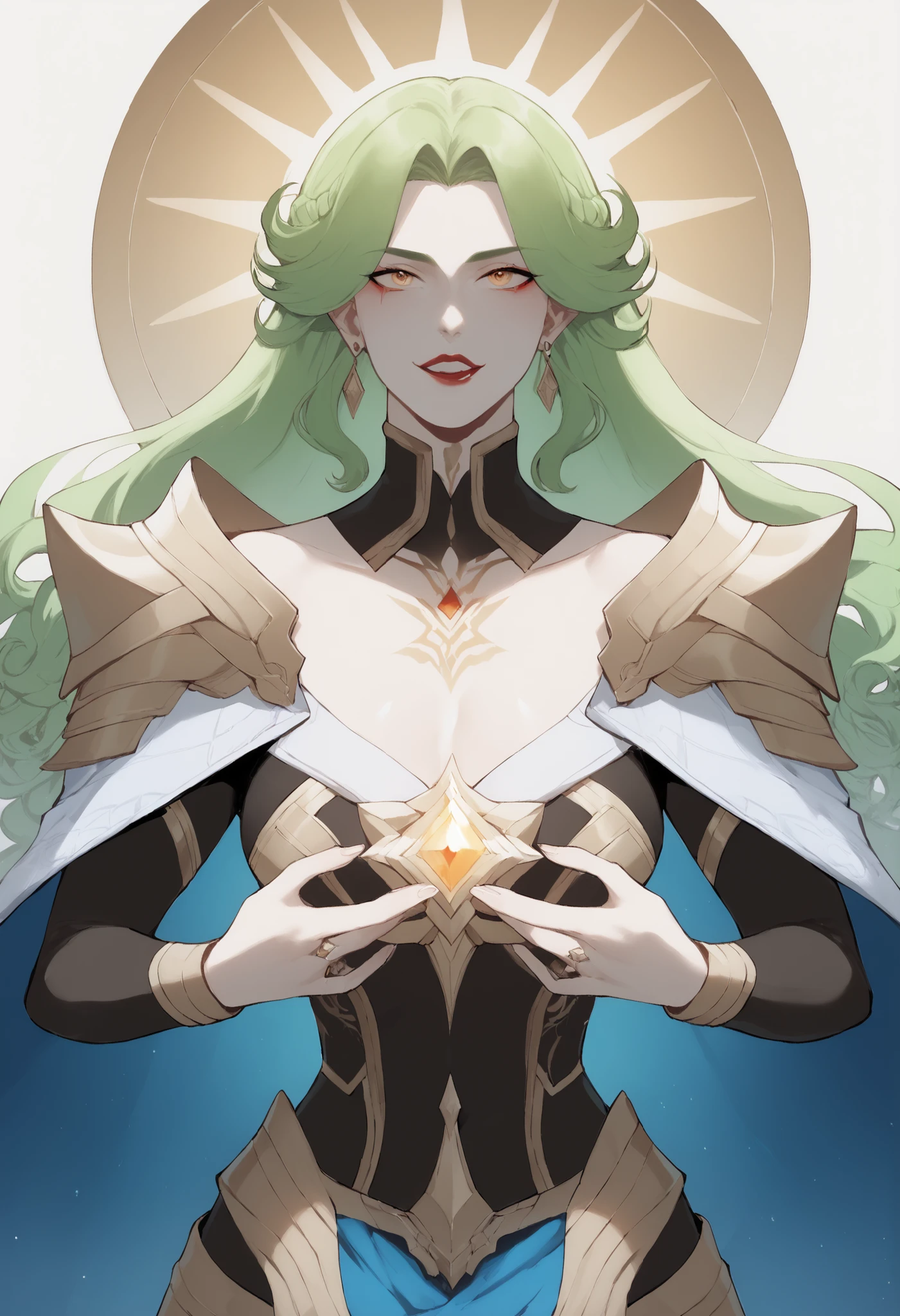 The character in the image has an ethereal and elegant look, referring to a heavenly or divine figure. Here is a detailed description:  Overall appearance :  Expression:  She has a serious and intense expression , with a penetrating look. Estilo: The overall aesthetic is of dark fantasy with angelic touches. Facial Features and Hair: Cabelos: Longos,  White and smooth , with wavy locks at the ends. They are well combed and decorated. Pele: Clara, with an almost pearlescent shade or ivory, that highlights your heavenly air. Olhos: Lightly colored , almost brilliant, with a mystical look. Orelhas:  Elongated and pointed , suggesting that it belongs to an elven race or some magical entity. accessories and ornaments: Coroa/ Circle of Light : One floating and luminous ring around the head, recalling an angelic halo, with small constellations floating around. Floral Ornaments : Clips shaped like metallic or crystalline flowers on the sides of the head. Brincos:  long and elegant , hanging from the ears with stones or pearls. Colar: A gold ribbon with a sophisticated ornamental design, that looks like part of a necklace or ceremonial garment. Vestimenta: Roupas: She wears something sophisticated and revealing on her lap, with fabrics that seem fine and luxurious. Fluffy shoulder pads refer to feathers or white skin. Estilo: A mix of baroque fashion and science fiction/fantasia, very refined. hands e Luz: hands: Long and delicate, with thin and elegant fingers, forming a gesture around a brilliant sphere of light. Luz: An intense mystical light emanates from the center of her chest, suggesting some kind of divine power or internal energy source. Race (ficcional): Probably a heavenly elf, angelic being or magical entity. The presence of the halo and light energy indicate something other than the human - a powerful and spiritual creature.