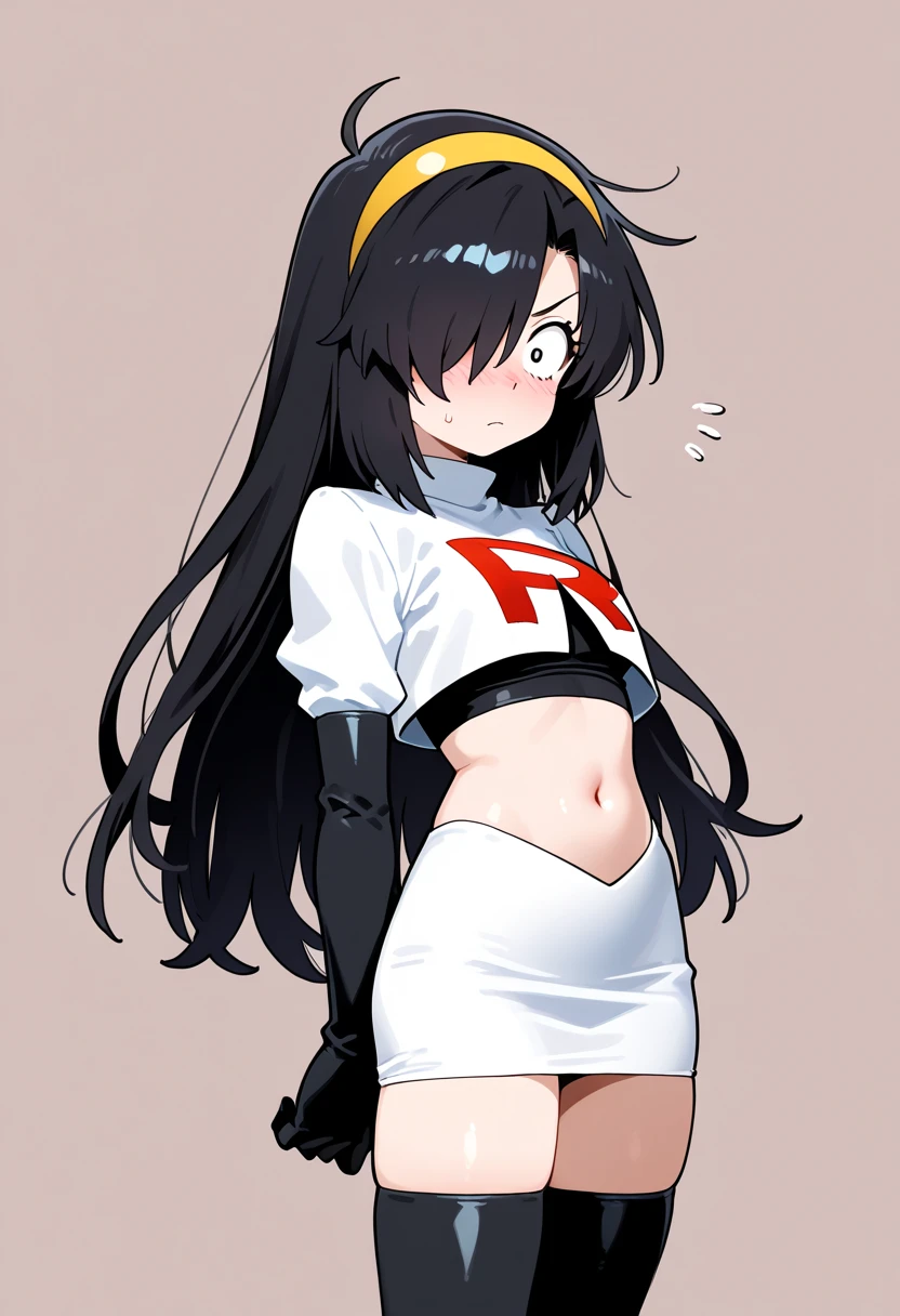 entire body image, flat stomach, high quality image of only one anime-style gothic girl, the girl has a very thin body, the girl have a evil smile in her face, good body, good anatomy, the girl has white skin, the girl has little human ears, red eyes, the girl has straight black hair, the girl have straight bangs in her forehead, her hair cover all her eyebrows, the girl has long hair, the girl is posing sexy, the girl is wearing a short white tight dress with a red tie, bare shoulders, gold jewelry in all her body, the girl expels shadows from all over her body, The girl carries iron paws in her hands, the girl wears a sovietic ushanka hat, The background of the image is a neon futuristic devastated city,
