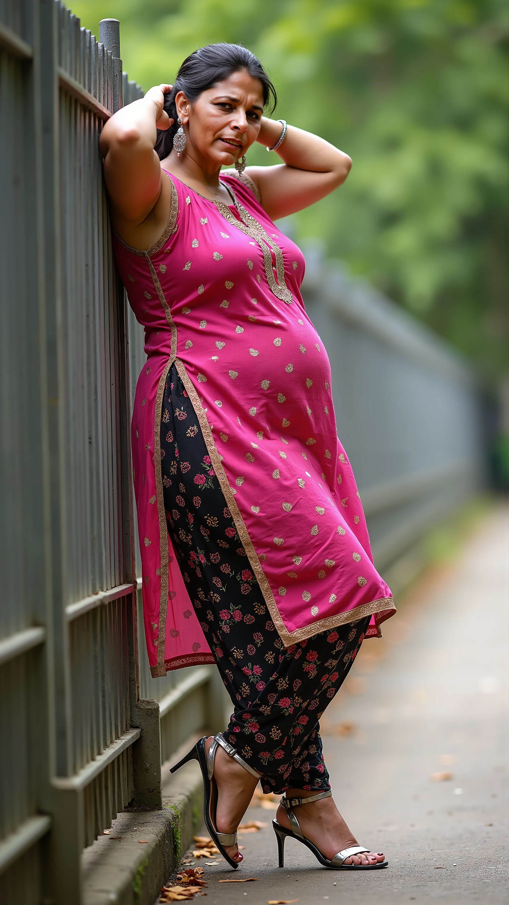 A girl in long kameez without pajama pant,  she holds her white pajama in hand. little bit of her legs and thigh are visible from side of her kameez.