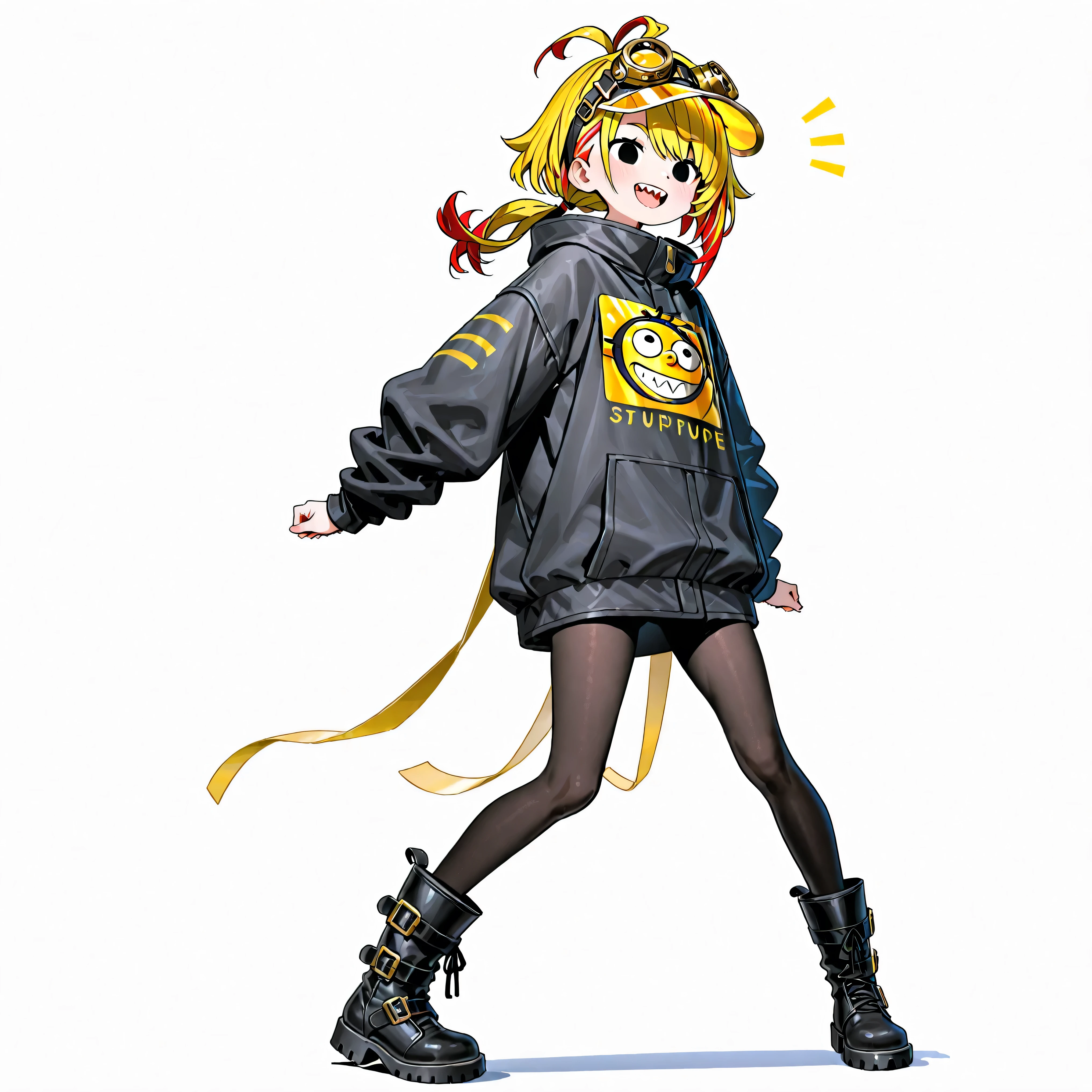 high resolution、High Quality、 gold、 female, shortcuts, low ponytail 、 stupid hair、Black Pantyhose 、Despicable Me、double teeth、solo、thick soled boots、 asymmetric hair 、 goggles on head 、sun visor、 simple eyes 、white background、standing
