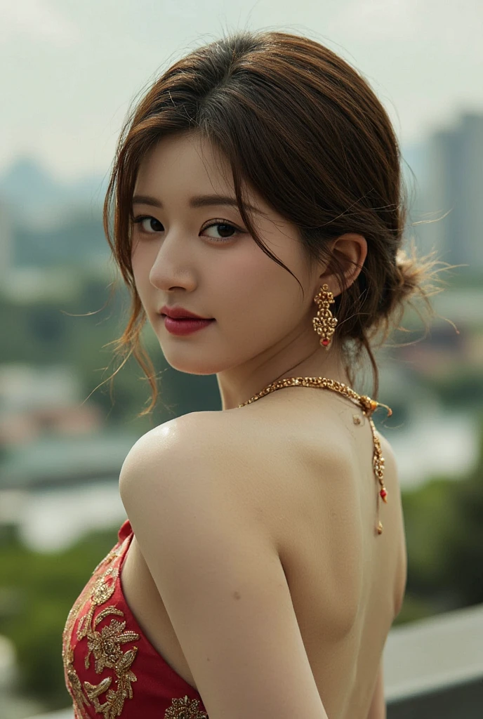(((best quality))),(((ultra detailed))),(((masterpiece))),illustration,((1 beautiful girl,female Gypsy dancer,solo)),(shoulder length wavy bob hair:1.2),(laughing:1.3),((slim,thin)),((small breasts,flat chest)),(detailed eyes:1.3),(strapless Bohemian style embroidered red bra:1.5),((earrings)),mystery,charm,(On the square outside Notre Dame Cathedral in Paris:1.5),(ancient Paris:1.2),traditional attire,vendors,fruits,handcrafted objects,pastries,bakeries,spire,Gothic architecture,sunlight,ethereal glow,busy cityscape,out of place,free spirit,creativity,lost in thoughts,dreams,possibilities,bygone era,snapshot,essence,magic of summer,(day scene:1.3),(outdoor:1.3),(surrounded by crowded crowds:1.3),((from front,close-up of face))