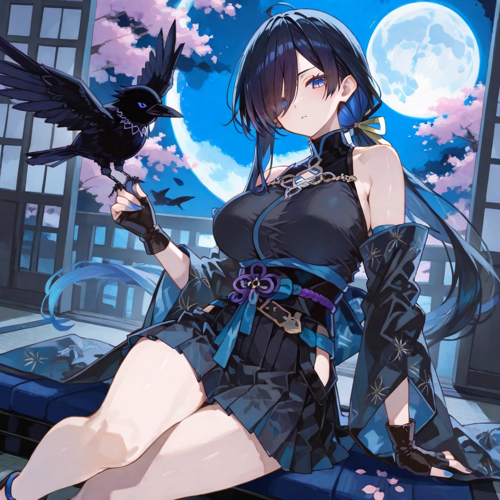 (Masterpiece), (Best Quality), Omnipotent, Full Moon, (Blackleg Decoration), 1girl, (Raven), White Chain, Ruins, 1gir, flower, flowd_flood, floud_moon, (crow), chain, ruins, 1gir, in flower, black_bikini, 1 girl in lace, navel,
