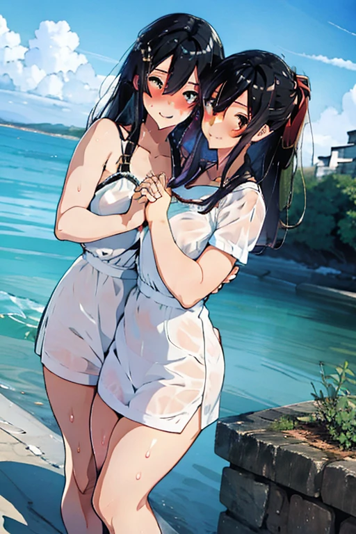 (masterpiece:1.2, best quality), (highly detailed:1.3), two 17yo girls, (white panties), naked, nipple, topless, hugging, kising, yuri, kiss, love, smile, drunk, eyes closed, standing on a seaside, mediterranean town, trees, sunset, dark theme