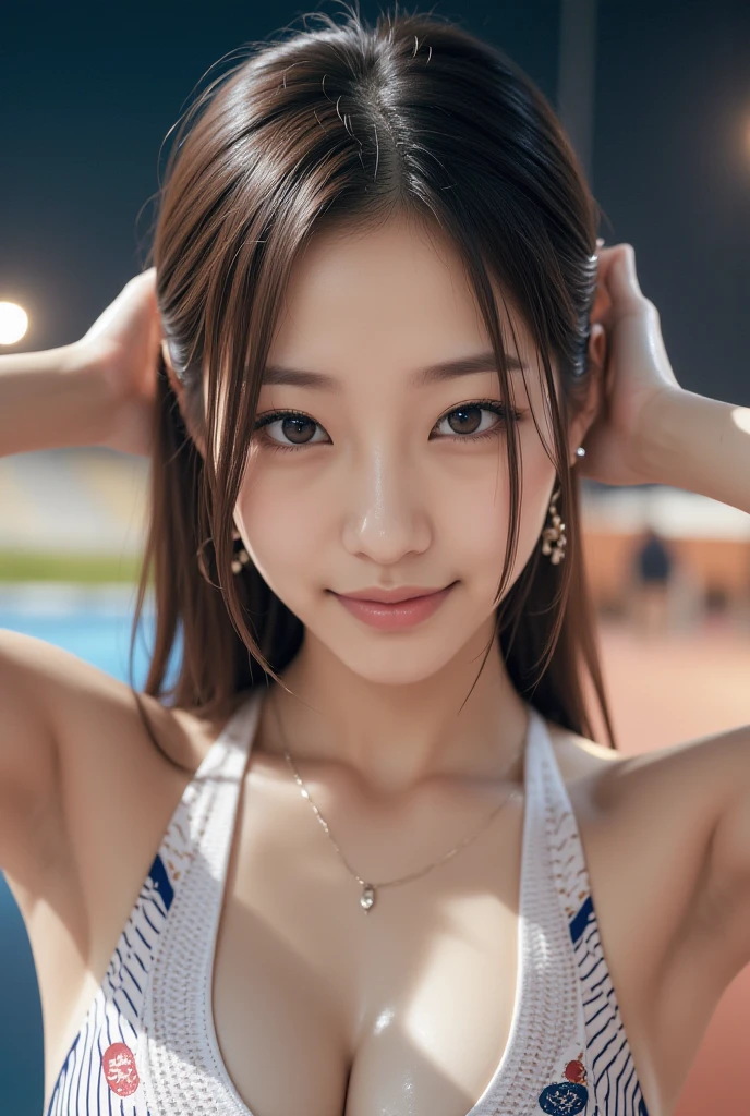 a young smiling woman, perfect body, ((large breasts)), beautiful detailed eyes, ((swimsuit)), perfect fingers, professional lighting, gravure, extremely detailed face and skin, fine grain, RAW photo