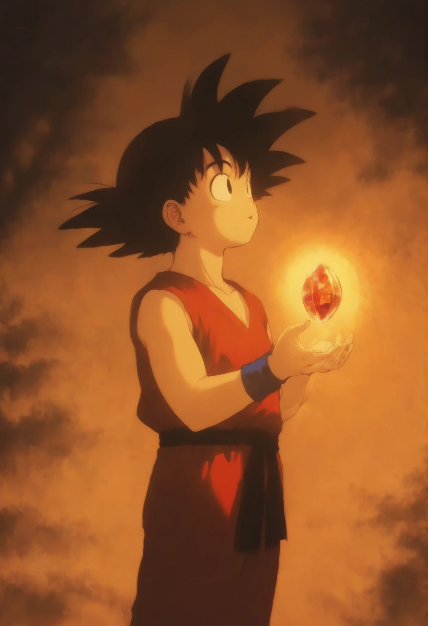 goku, goku, black hair, black eyes, side view, blue shirt, innocents face, red wristband, holding a crystal ball with two hand, side view, looking up, red staff on his back, side view