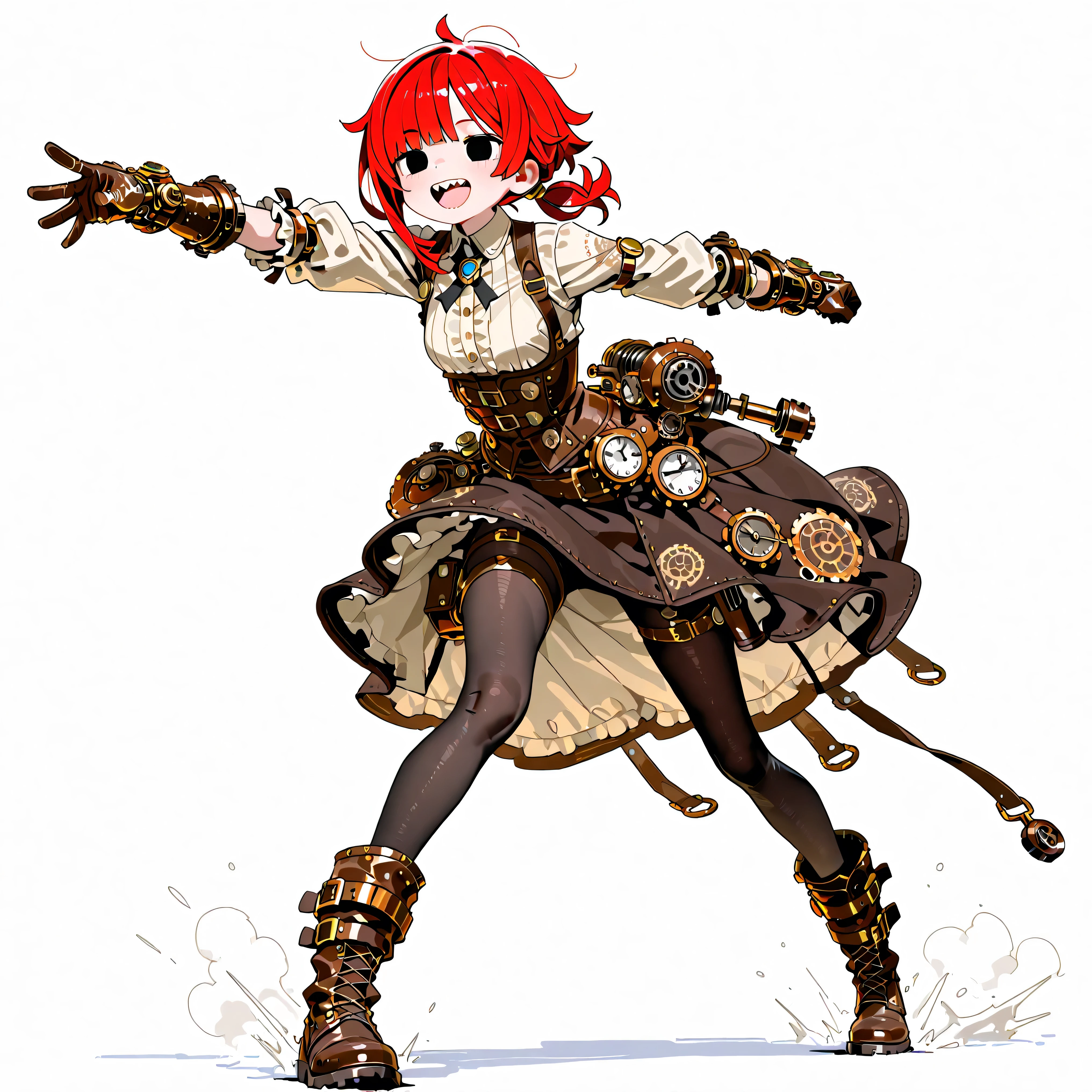 high resolution、High Quality、 female,  shortcuts,    low ponytail  、  stupid hair、Black Pantyhose  、steampunk clothes、double teeth、solo、thick soled boots、 asymmetric hair 、  simple eyes  、white background、standing、Mysterious、rough steampunk gloves