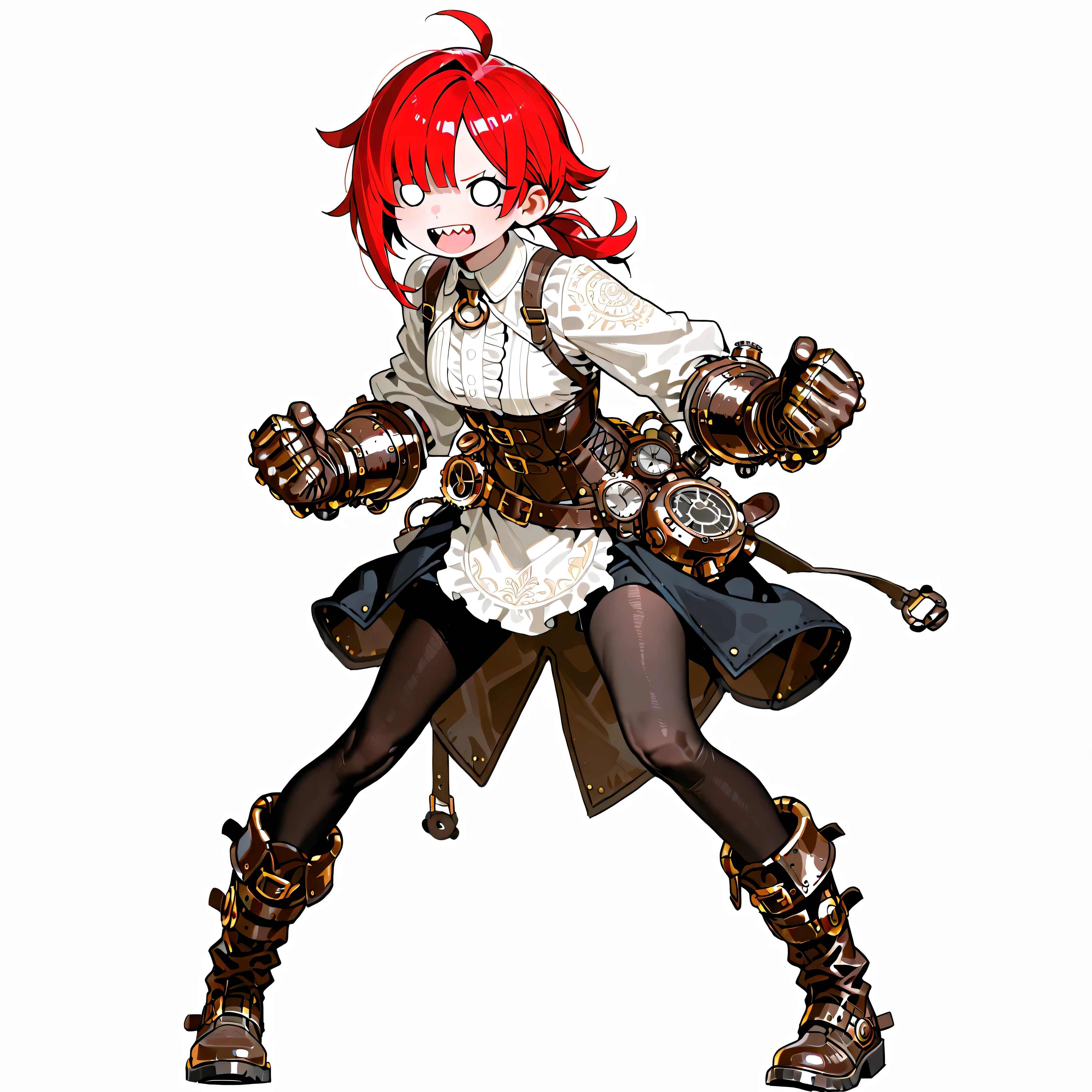 high resolution、High Quality、 female,  shortcuts,    low ponytail  、  stupid hair、Black Pantyhose  、Godly Outfit、double teeth、solo、thick soled boots、 asymmetric hair 、  simple eyes  、white background、standing、Mysterious、rough steampunk gloves