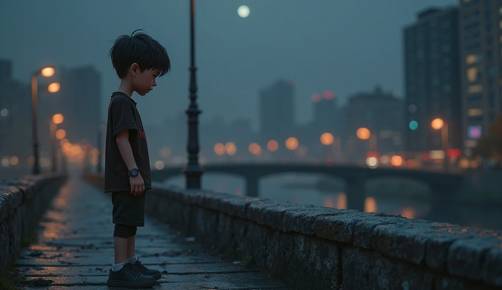 It's a night with light rain, A boy is sitting on the sidewalk watching a flower that rises on the asphalt, The setting is of a slum and there is a church with a tower and a large cross