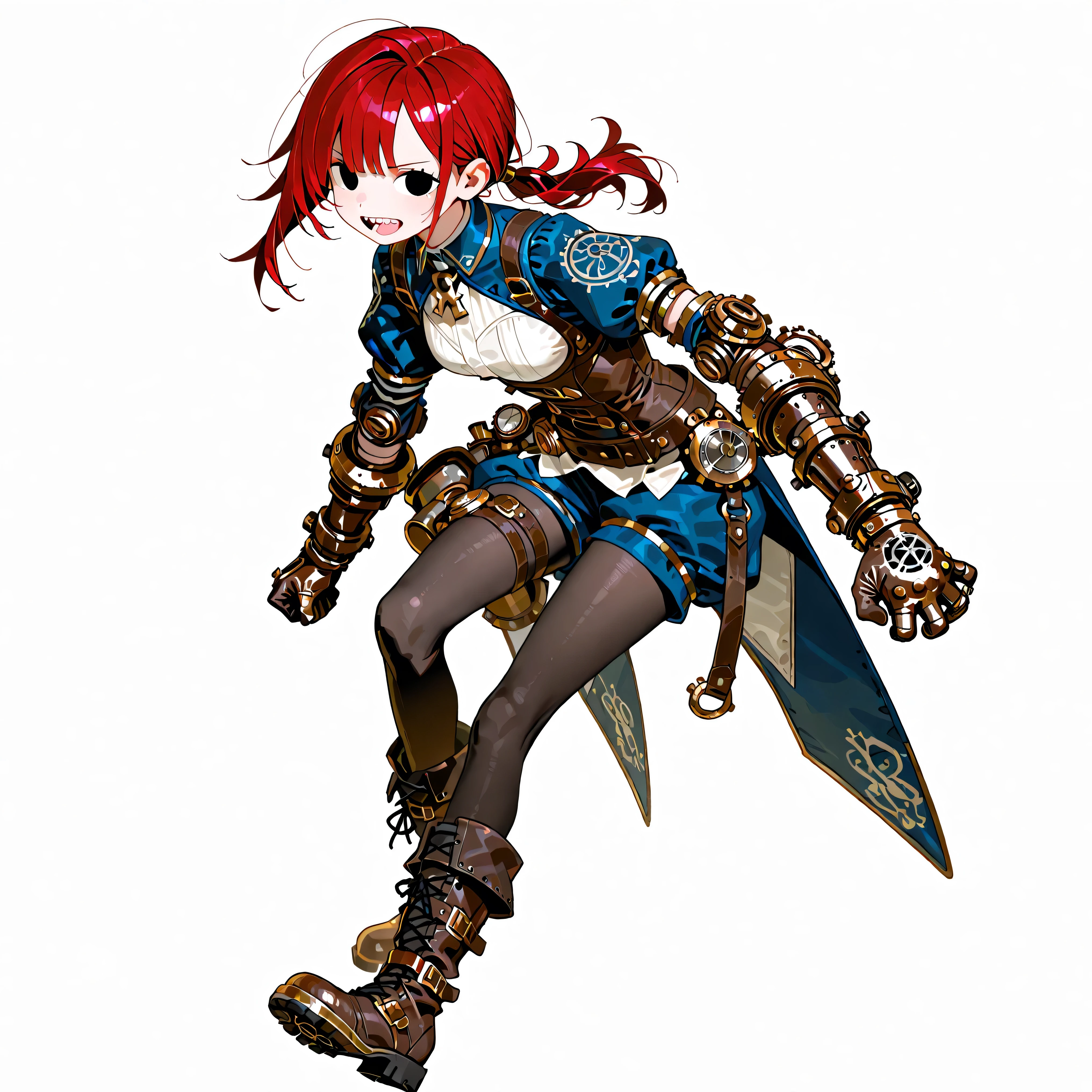 high resolution、High Quality、 female,  shortcuts,    low ponytail  、  stupid hair、Black Pantyhose  、Godly Outfit、double teeth、solo、thick soled boots、 asymmetric hair 、  simple eyes  、white background、standing、Mysterious、rough steampunk gloves