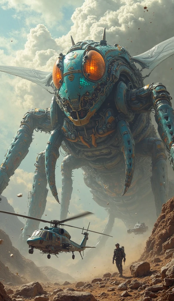 Generates an image of a helicopter-headed monster that has no eyes that walks on four legs and has a monster body and is flying in the sky