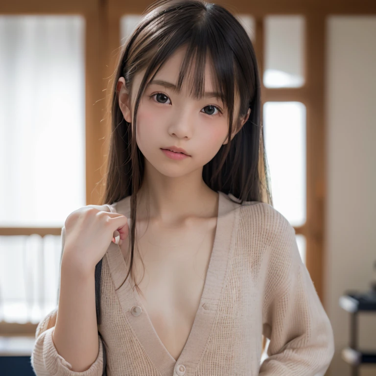 (((Beautiful girl small breasts)))、Japanese girl、Wearing a jacket, Long Hair, Cyberpunk Red Green Background、(((Upper body naked))),smile,Young Face,、Round face,Big eyes, Round eyes、No makeup