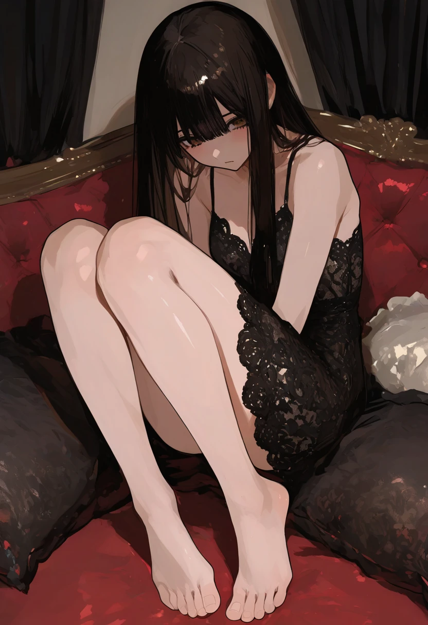 ((((absurdres, RAW photo, extremely delicate and beautiful, masterpiece, Best Quality, ultra high resolution, 32k, hyperrealistic, ultra-detailed)))), in her 20s, very Slim body, narrow waist, very small head, very small face, delicate facial features, beautiful face, beautiful eyes, very huge round tits, medium hair, black hair, wavy hair, tearful mole, earring, full body shot, off-the-shoulder cut top, sofa,