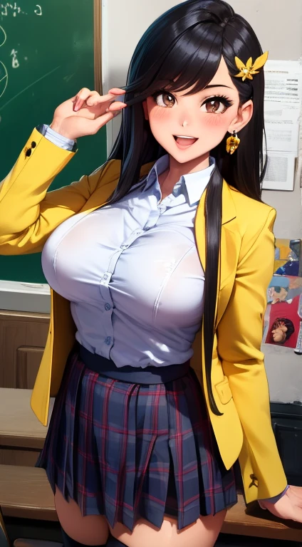 ultra-detailed, madeon, foreshortening, perfect anatomy, beautiful detailed eyes, manga style, sharp, sharp sketch, anime screencap, cinematic lighting, One active girl standing with hands on hips in outdoor with big chests, 
 nishi kinuyo, Long Hair, chi-hatan army uniform, skirt, (skirt lift:1.2), smile, uniform, Black Hair, Brown eyes, Jacket, boots, yellow skirt, pantyhose, army,  army uniform, miniskirt, White panties, asymmetrical bangs, Long sleeve, Black footwear, knee boots,  bangs, brown Jacket, chests,  shirt, white shirt, big_chest,Type97 Medium Tank, (black outline), city,