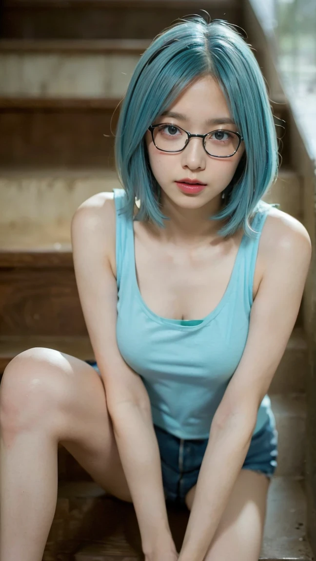 Based on the images generated so far A girl with her shirt open and her nipples exposed Wolf with glasses and light blue hair Sitting and looking up