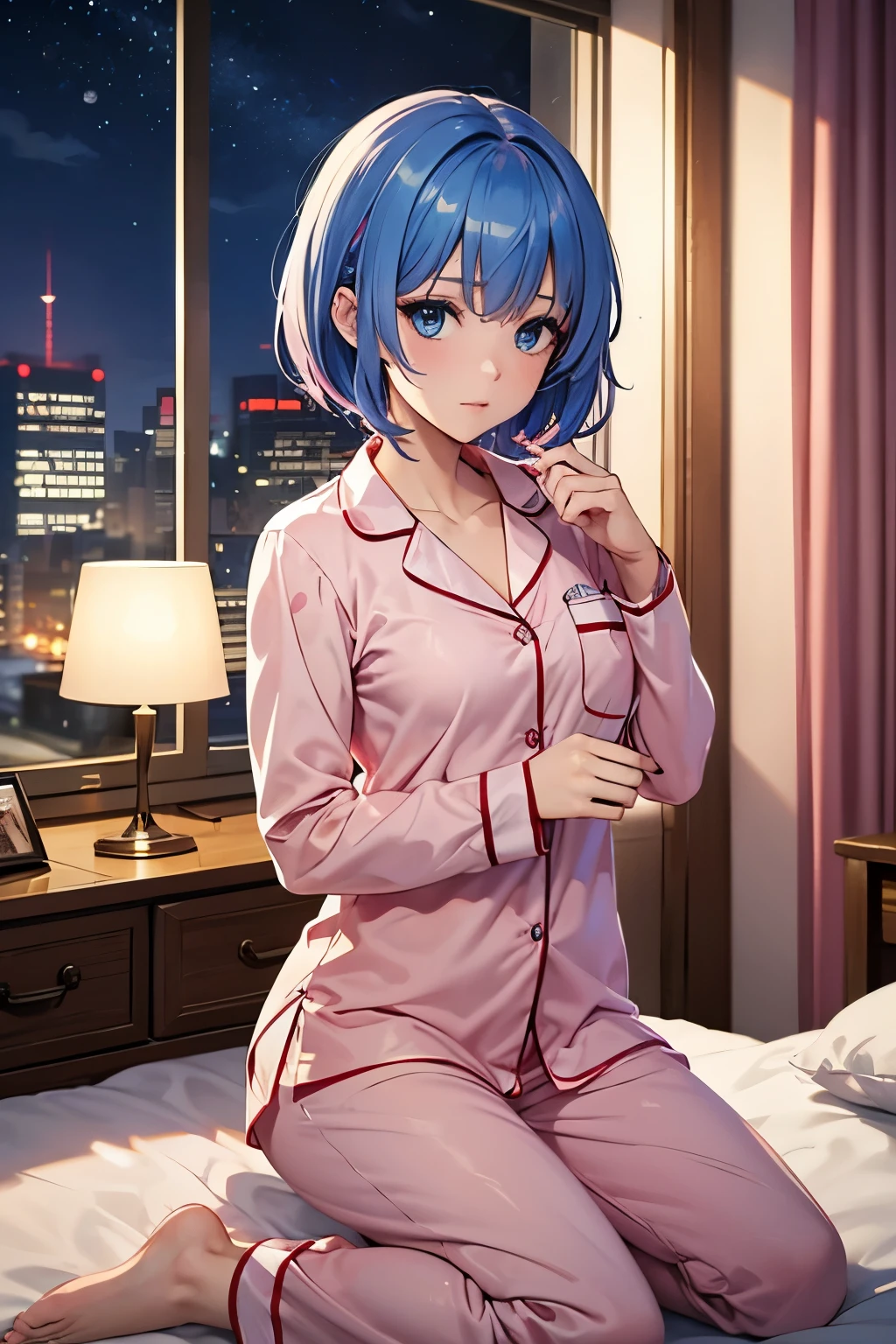 masterpiece, best quality, (beautiful woman with great attention to detail)1 lady, pink pajamas, blue hair, medium hair, blue eyes, sleep, bet, room, night