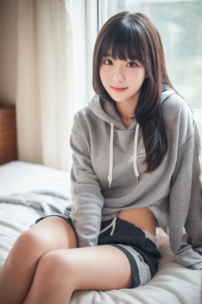 muste piece, best quality, illustration, Super detailed, fine details, High resolution, 8K,wall paper, perfect dynamic composition,(Details High quality, realistic depiction of eyes:1.3), (Oversized Light Gray Hoodie:1.2), Erotic Shorts, big breasts, short bob hair、black hair color, Big Natural Color Lip, bold sexy pose, (perfect body shape), crying a little、cold gaze, Harajuku style、20 year old girl、cute type、lolita、beautiful legs, hotel room, gravure idol