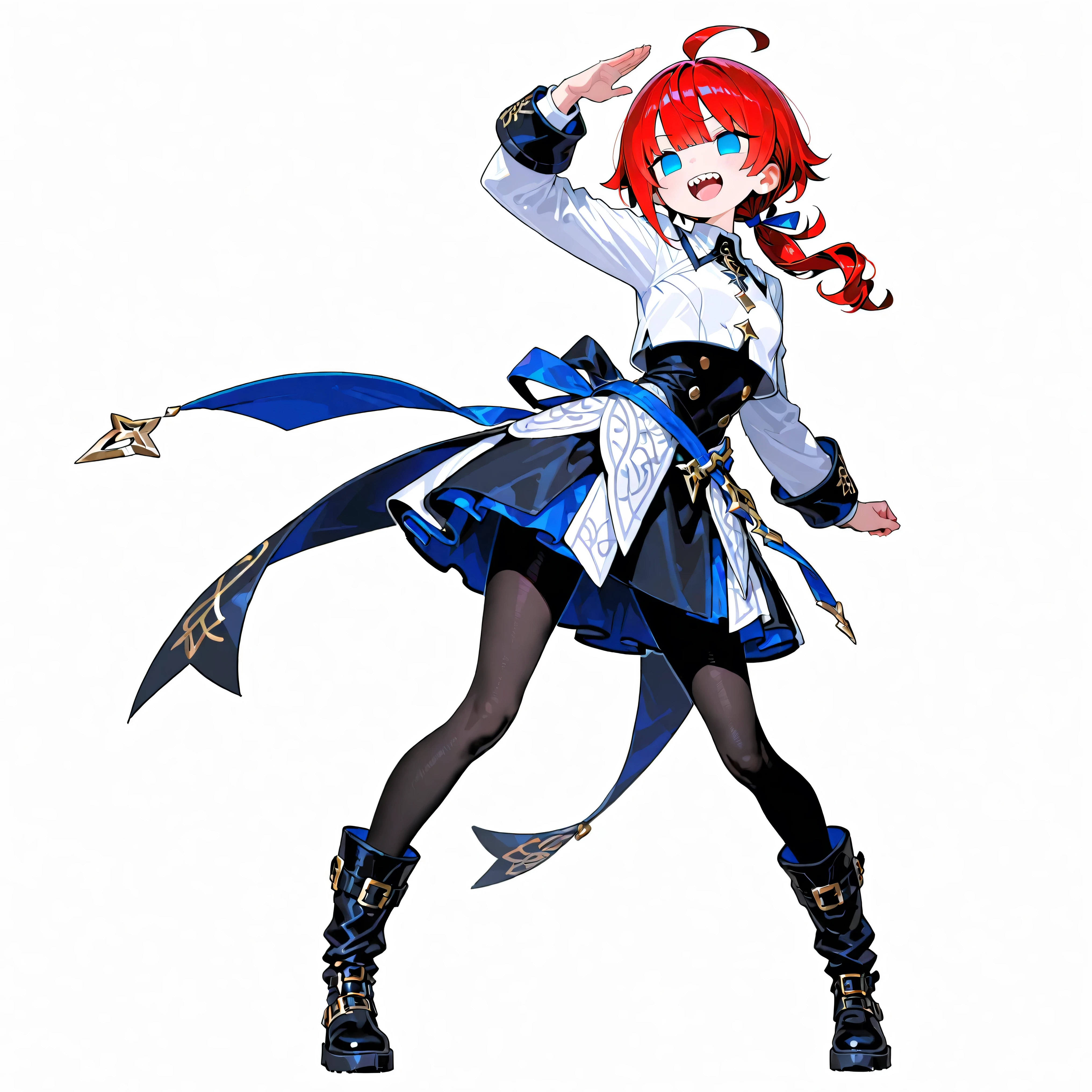 high resolution、High Quality、 female,  shortcuts,    low ponytail  、  stupid hair、Black Pantyhose  、Godly Outfit、double teeth、solo、thick soled boots、 asymmetric hair 、  simple eyes  、white background、standing、Mysterious