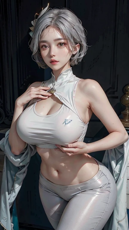 (Chest puffing pose),(Random Hairstyles),(Best image quality,(8K),Ultra-realistic,最high quality, high quality, High resolution, high quality,Attention to detail, White-pink hair, blue eyes, Red dress,(((Tight waist))), ((Large Breasts)),(See-through),(((He has many tattoos all over his body)),NSFW