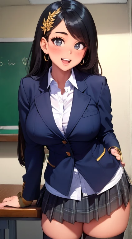 Enormous massive gigantic big large fat breasts   chubby girl:nagatoro_hayase enormous breasts , brown eyes, black hair, long hair, dark skin, dark-skinned female, tan, tanlines, hairclip, , white mini shirt, collared shirt, pleated mini skirt, enormous legs under the mini skirt ,A mischievous girl with a sly grin, standing in a school classroom. She has sharp, narrow eyes giving a teasing look, and her eyebrows are raised in a playful manner. She wears a  with a playful twist: a colorful tie, funky socks, and a few quirky accessories like bracelets and hair clips.with a very big round and plump ass stretched and lifted ,enormous fat large thighs legs, and she’s leaning slightly forward, one leg slightly ahead of the other, as if she’s about to make a witty remark. The classroom background includes desks, a blackboard with some doodles, and a few scattered papers on the floor. 