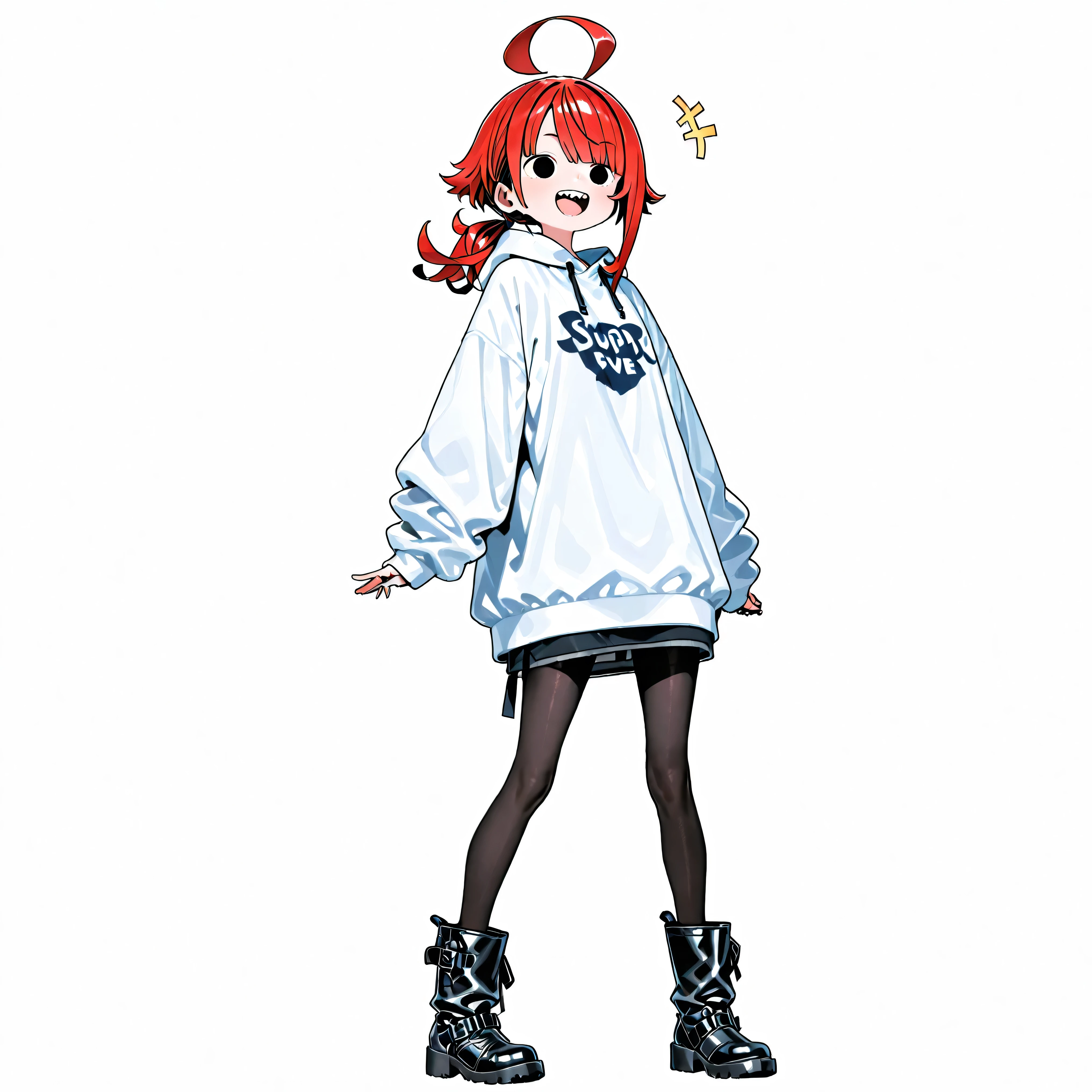 high resolution、High Quality、 female,  shortcuts,    low ponytail  、  stupid hair、Black Pantyhose  、godっぽい服装、double teeth、solo、thick soled boots、 asymmetric hair 、  simple eyes  、white background、standing、god