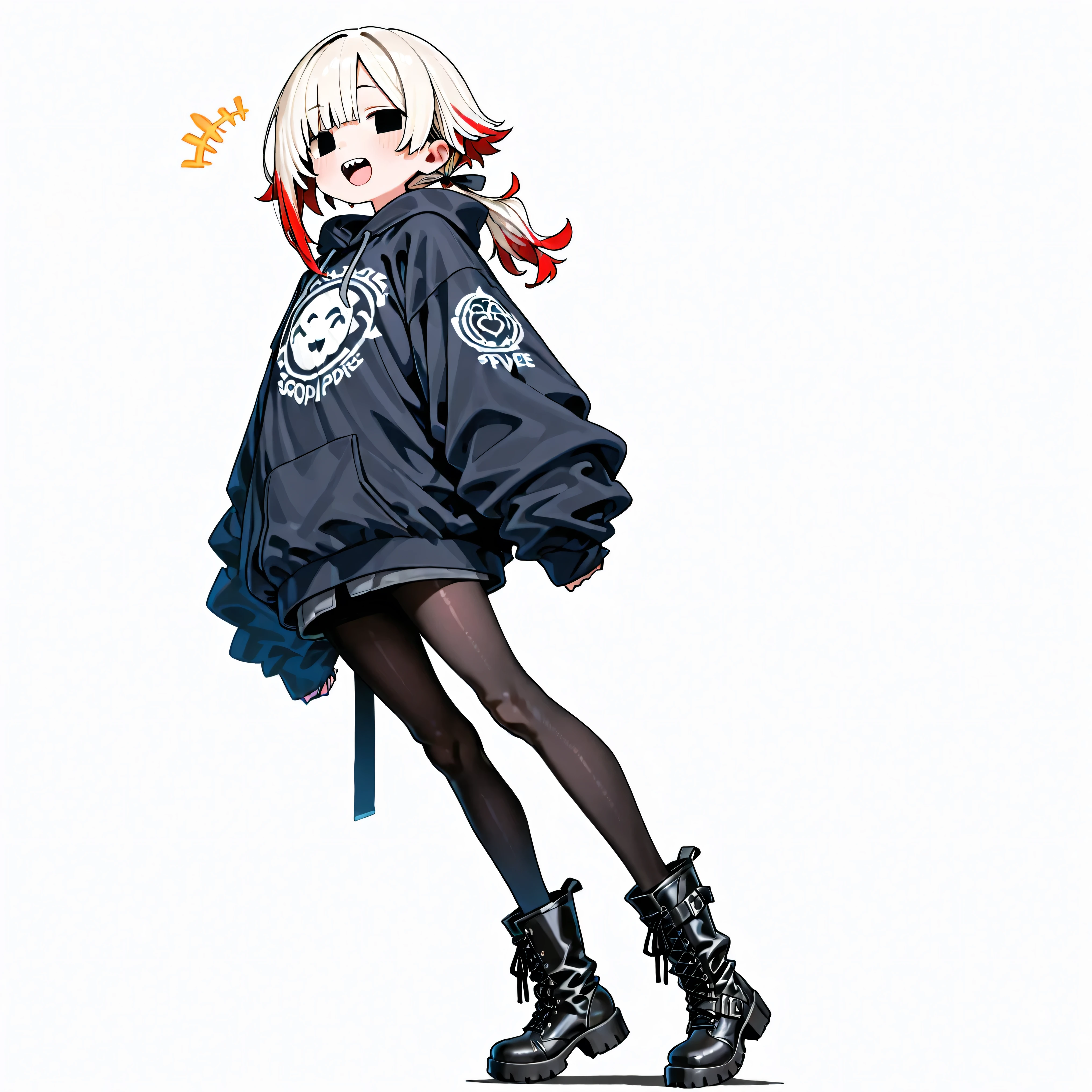 high resolution、High Quality、 female, shortcuts, low ponytail 、 stupid hair、Black Pantyhose 、godっぽい服装、double teeth、solo、thick soled boots、 asymmetric hair 、 simple eyes 、white background、standing、god