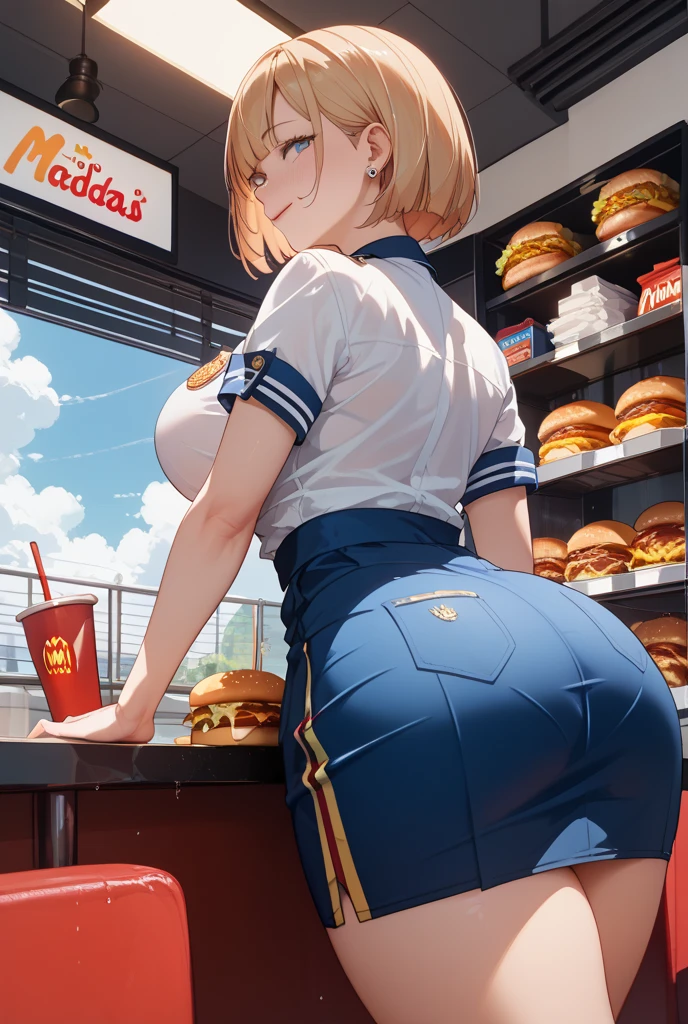HD, solo, 1female, wendy's, pale skin , striped dress, striped full sleeves, red hair, twin braids, sexy body, tall and skinny, farting, massive fart, yellow smoke rising, relieved face, bend over, smiling, clenching teeth, blush, alone in a food court, holding burgers, heart signs