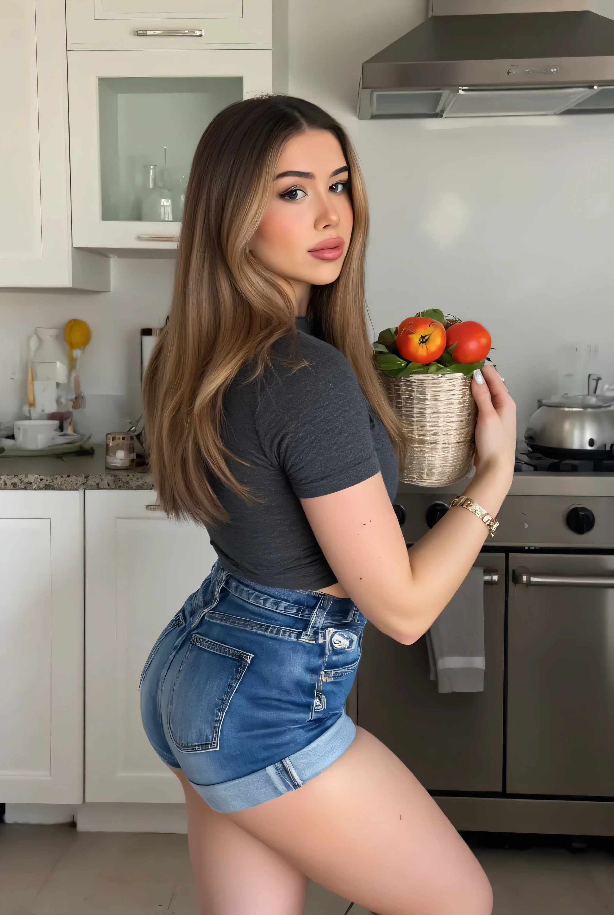 30-year-old woman photographed from behind relaxing in the kitchen without realizing it, she have a hot hourglass body with huge tots and bubble butt, ( don't look at the camera ), brown eyes, (long blond hair), realistic and Detailed face, Beautiful woman, , Detailed face, Masterpiece, style milf, beautiful model, Ultra detailed and realistic 8k, long brown hair, hourglass body, athletic body, She wears micro denim shorts and a loose, small T-shirt, sexy, photorealistic.