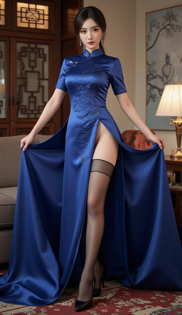 (best quality, ultra-detailed, photo-realistic:1.37), 3D anime-styled girl with green wavy hair, luminous strands, a girl with delicate features and long eyelashes, vibrant red eyes reflecting light, full lips, a colorful crystal necklace, a black cheongsam dress with white trim, a peony pattern on the garment, transparent black-bordered thigh-high stockings, and an ultra-wide angle anime lens.