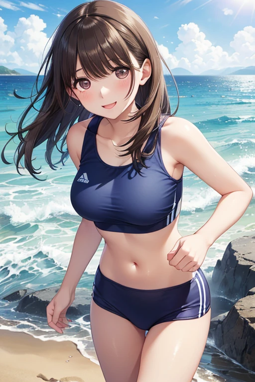 Cute face:1.5, Petite:1.5, 15 years old, Long Hair:1.5, ponytail, Brown Hair, White swimsuit, Pool, Small breasts, Toned body, Toned Abs, Pointed nipples, uhd, retina, masterpiece, ccurate, anatomically correct, textured skin, super detail, high details, high quality, best quality, highres, 4K