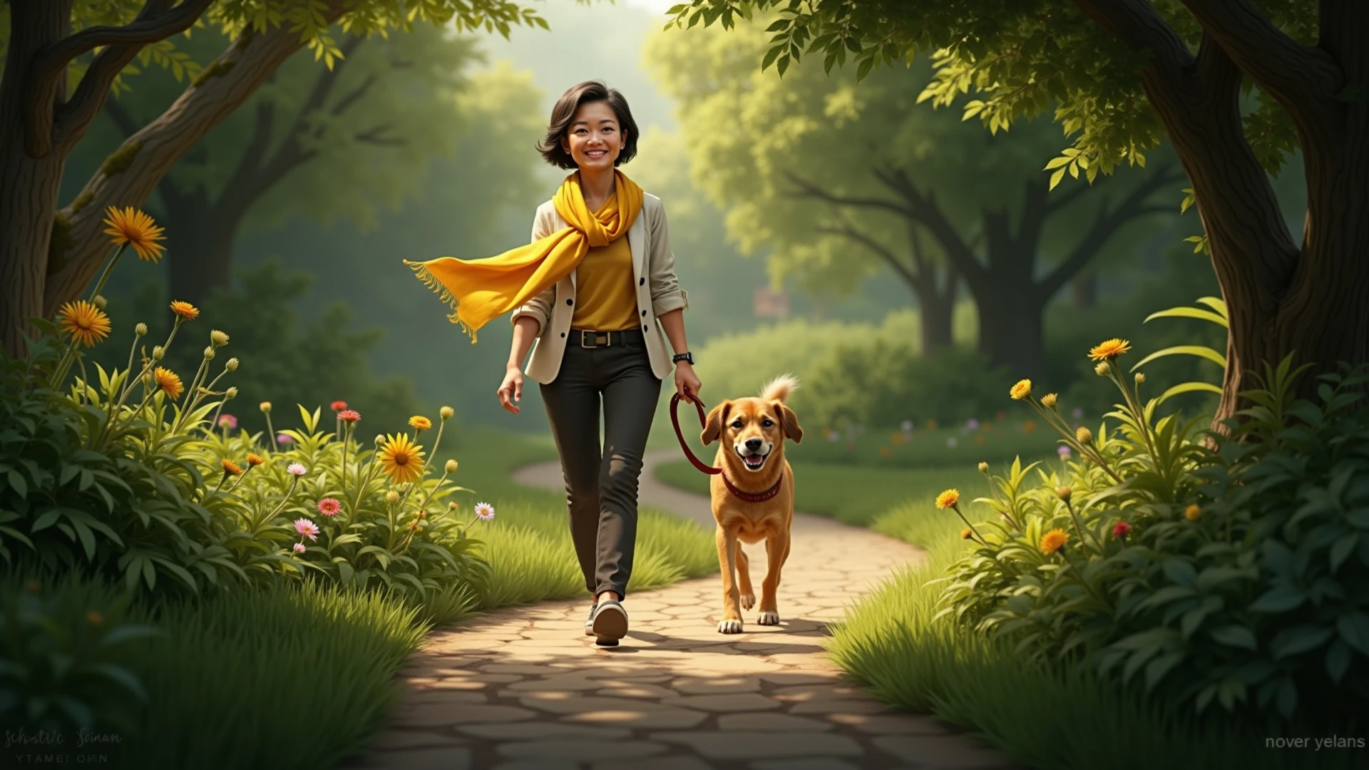 Mrs. Lan walking down a garden path confidently with her dog, wearing banana–yellow scarf, realistic style, photorealistic, natural lighting, high detail