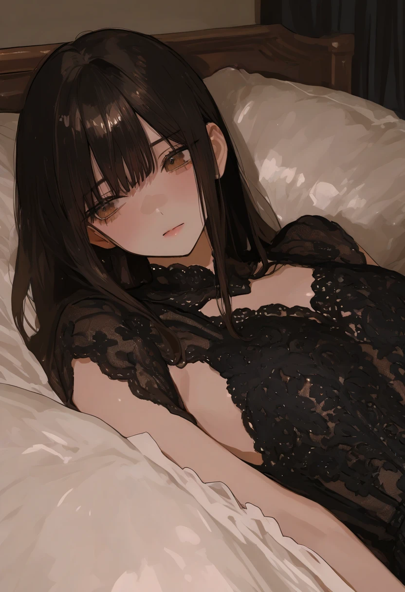{{{masterpiece}}}, {very detailed CG}, amazing, in detail, alone, Lying in bed, {{Eyes closed}}, sleeping, take one&#39;s clothes off, in a dark bedroom, nipple, panties, pajamas taken off, {{whole body}},  Angle from above, Detailed clothes, enlargement, best quality, blonde long hair woman, {{beautiful}}, half naked
