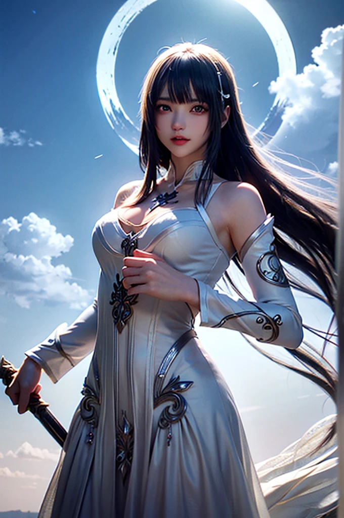 **Prompt:** Create an ultra-realistic 8K resolution image of Tsukuyomi, the Japanese moon god from Shinto mythology, reimagined as the ultimate magical girl while retaining the deity's iconic features. Tsukuyomi is depicted as a radiant magical girl with long, flowing silver hair that sparkles with a celestial glow. Her eyes are luminous, reflecting the light of the moon, and they hold a mysterious yet enchanting allure.

She is dressed in an elaborate magical girl outfit that blends traditional Japanese elements with modern magical girl aesthetics. The outfit features a flowing, moonlit silver dress with intricate designs resembling the phases of the moon, adorned with delicate ribbons and lace. Her waist is cinched with a silver belt that has a crescent moon buckle, and her sleeves are puffy, adding a touch of cuteness to her divine appearance.

Her accessories include a magical staff topped with a glowing crescent moon, which she wields gracefully. A tiara with a moonstone gem rests on her head, symbolizing her connection to the lunar deity. Her boots are knee-high, sleek, and silver, with crescent moon accents on the sides.

The background showcases a mystical night sky filled with stars and galaxies, with the full moon shining brightly above her. Sparkling dust and magical symbols float around her as she strikes a powerful yet elegant pose, ready to harness the moon’s magic to protect the world. The scene captures the essence of Tsukuyomi’s divine power transformed into an irresistible and majestic magical girl form.