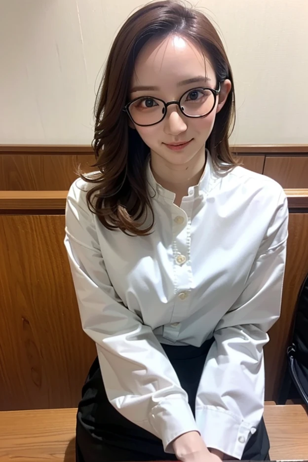 ((Best Quality, 8k, Masterpiece: 1.3)), Photorealistic, Sharp Focus, High Quality, High Definition, ((look down)), Portrait, Solo, Japanese Milf, Beauty, glasses, ((Open legs Wide)), 40 years old, Plump, Wavy hair, Wetty White Shirt, Wrinkles at the corners of the eyes, Toilet, Plumbing, Tile, (open mouth:1.1),