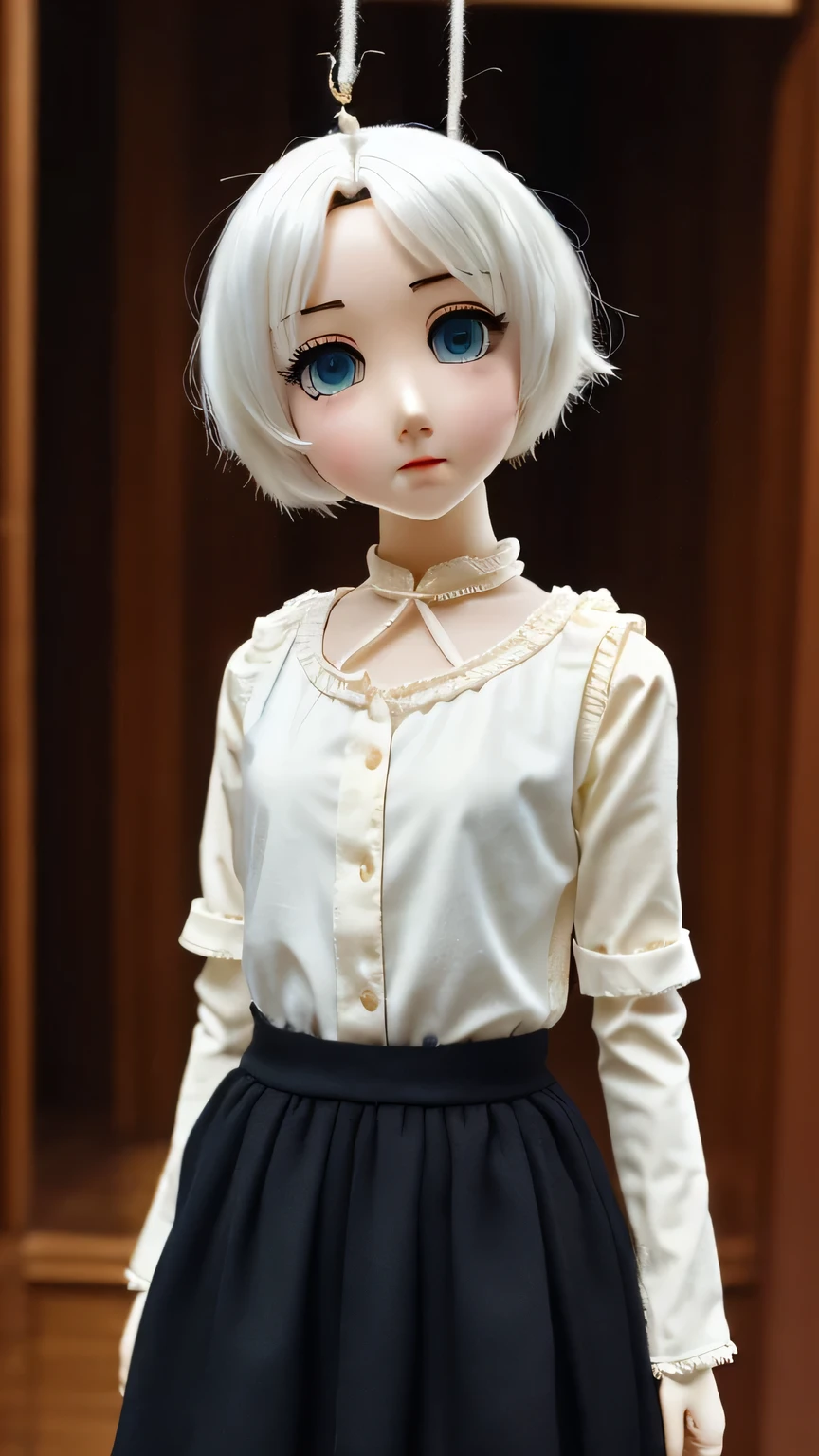 1girl,Short-haired, white-haired girl-like puppet、The background is a dark image、A state where they are expressionless, strung on a string, and float without strength、anime CG,masterpiece, best quality, amazing quality, very aesthetic, absurdres, newest,