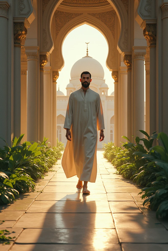 An ethereal scene capturing the Arabian male jin who vanishing into swirling mist and light, leaving behind a sense of magic and fulfillment.Here are flower garden and lots of arabian people and some Fruits tree and market must be included