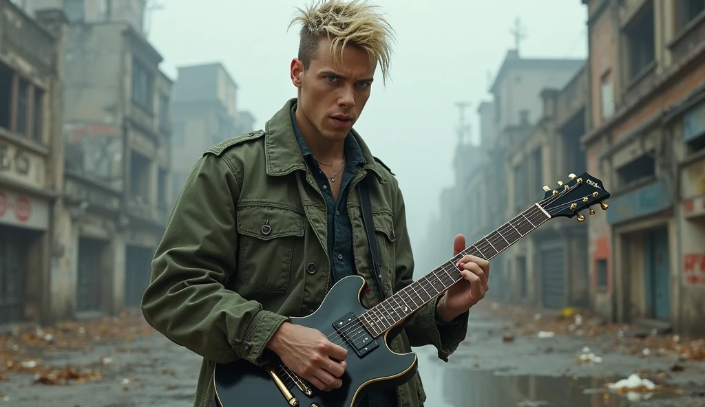 Adult Realistic Cyberpunk medium build muscles gothic handsome rugged adult mid to late twenties 20’s year old male musician playing a black electric guitar, short spiked dirty blonde hair, blue eyes, wearing a green military jacket, background setting is an abandoned dystopian city outdoors. Frontal view.