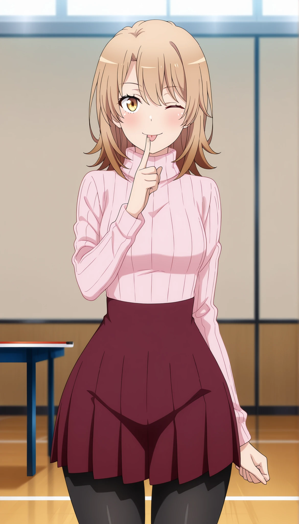 anime screencap, masterpiece, best quality,

1girl, solo, closed mouth, smile, blush, tongue out, one eye closed,
medium hair, multicolored hair, light brown hair, brown hair, yellow eyes, hair between eyes, wide hips 
turtleneck sweater, ribbed sweater, pink sweater, long sleeves, high-waist skirt, pleated skirt, red skirt, black pantyhose,
finger to mouth,
cowboy shot, standing, looking at viewer,
indoors, table tennis, blurry background