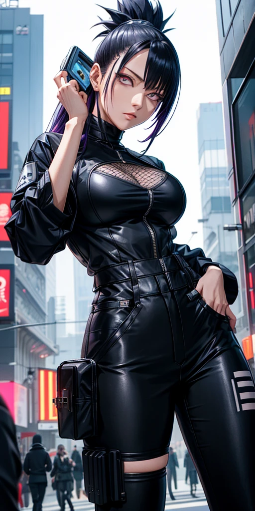 portrait, 1 girl, beautiful face, asymmetrical hair, multi-colored hair, belt, bodysuit, covered mouth, covered navel, detached sleeves, grey eyes, hip vent, open jacket, cute, look at viewer, night city, neon, rainy,