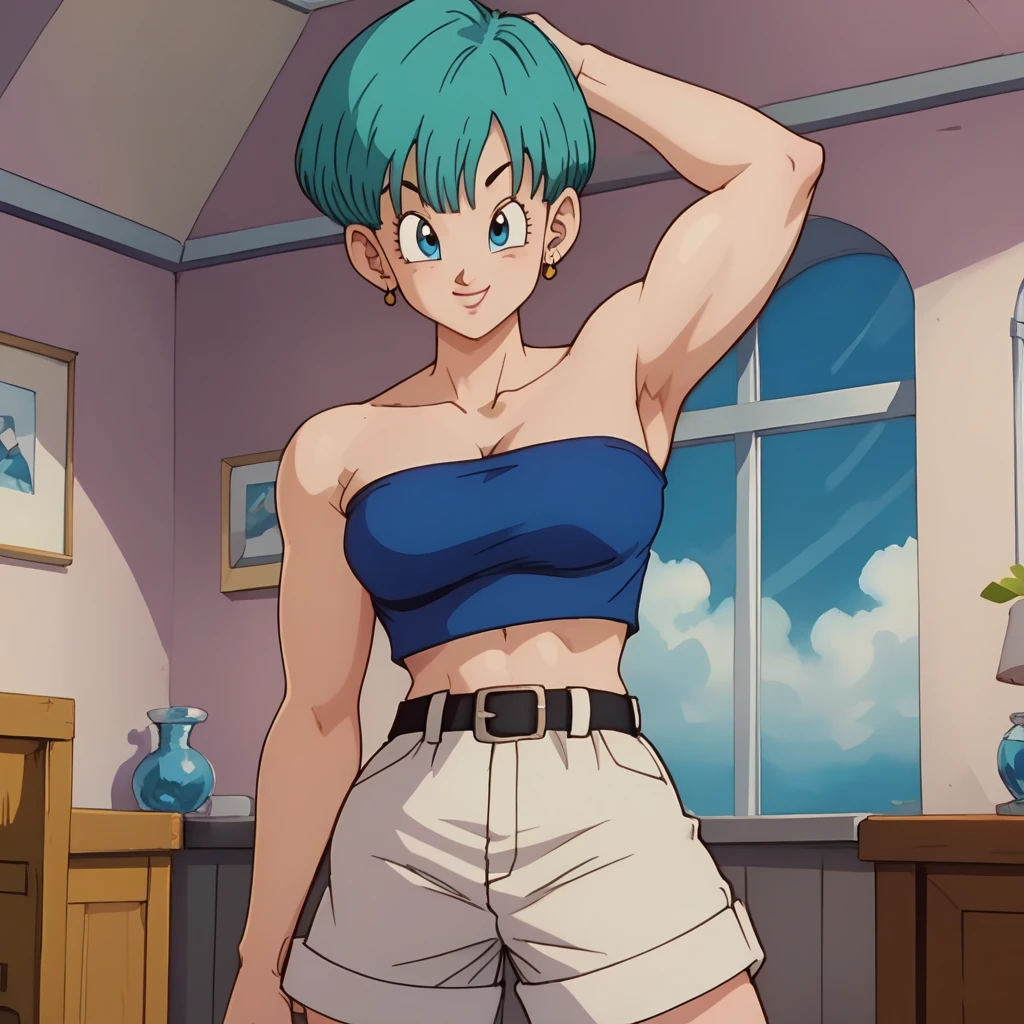 masterpiece, best quality, highres, dragon ball, blmpony, ((aqua hair)), (short hair), medium breasts, (((gray tanktop, crop top))), belly button, (((grey panties))), ((panties)), ((thick thighs)), head band, standing, red tiled floor, metalic walls, slim, skinny