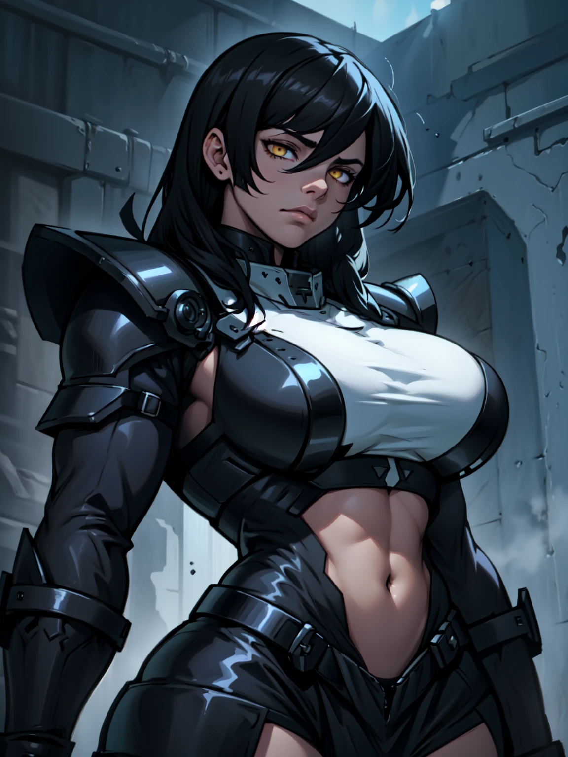 Best quality, solo mature woman, enormous breasts, giant ass, very curvy, tanned skin, very short hair, black eyes, full lips, seductive, black royal knight armor, breast plate, gauntlets, stoic, great sword, curvy physique, thick thighs, serious expression
