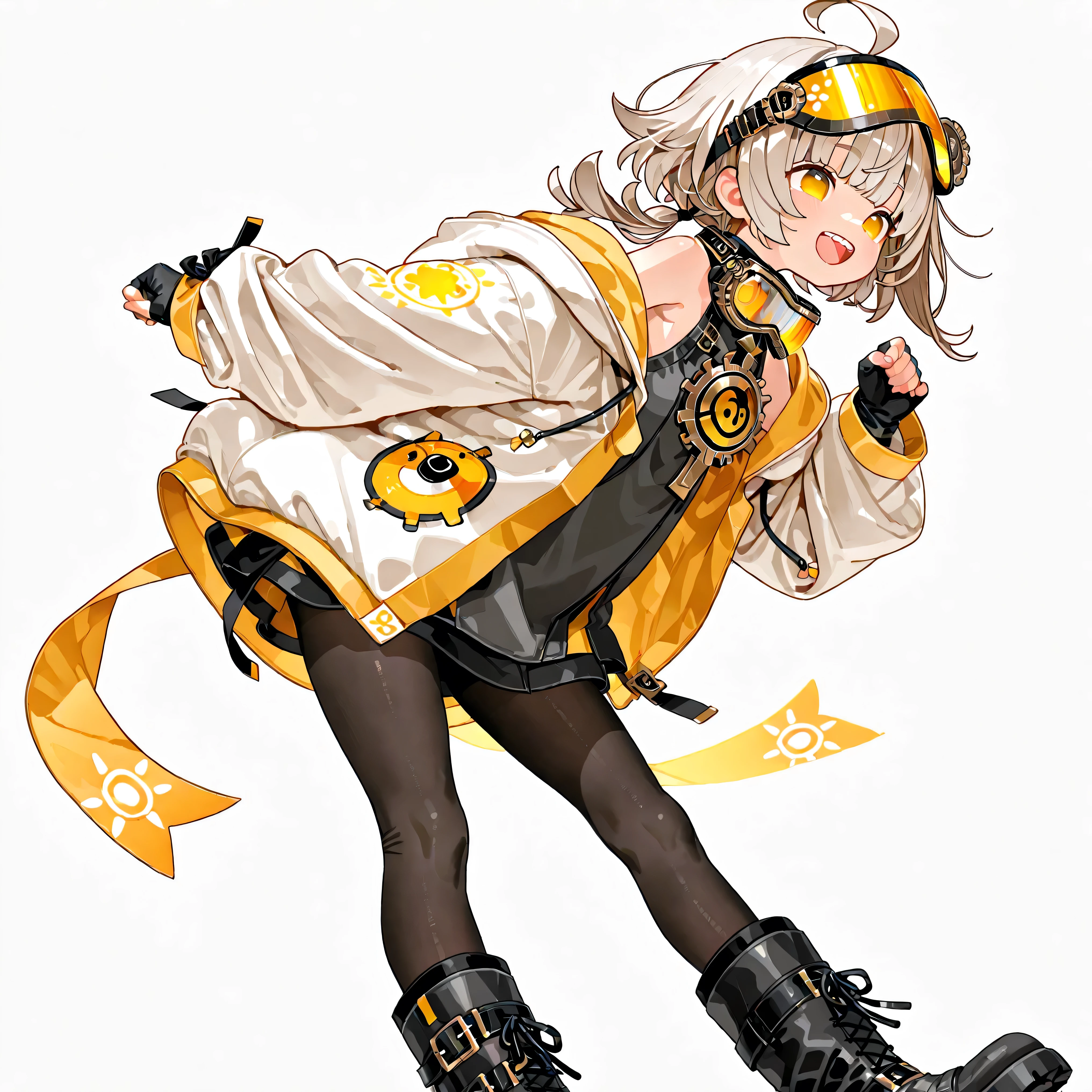 high resolution、High Quality、 gold、 female, shortcuts, low ponytail 、 stupid hair、Black Pantyhose 、double teeth、solo、thick soled boots、 asymmetric hair 、 goggles on head 、sun visor、 simple eyes 、white background、standing、I'm storing strength in my right hand