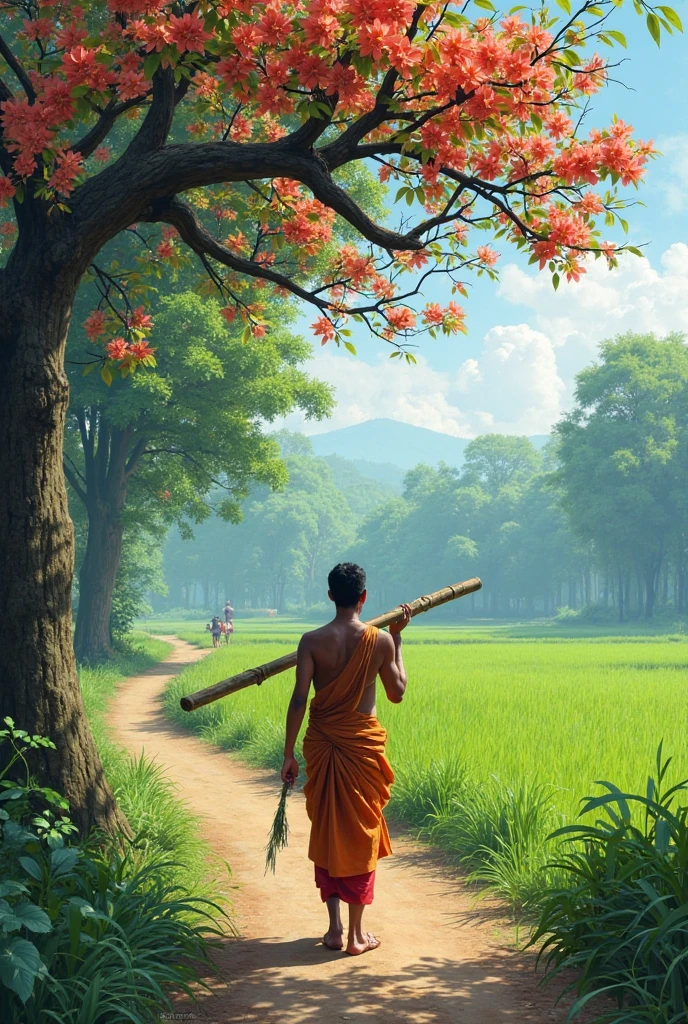 - A modest Indian village with small huts, fields, and trees. A simple, hardworking farmer named Gopal, wearing traditional Indian clothes, stands in the foreground with a peaceful expression.