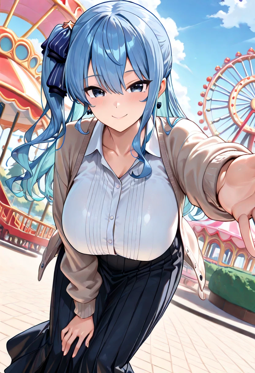 Anime illustration、highest quality、Plump maid、No sleeve、Akihabara、overwhelmingly big breasts、very thick thighs、Beautiful, shining eyes、Cowboy Shot、smile、Noise Reduction、Show your armpits