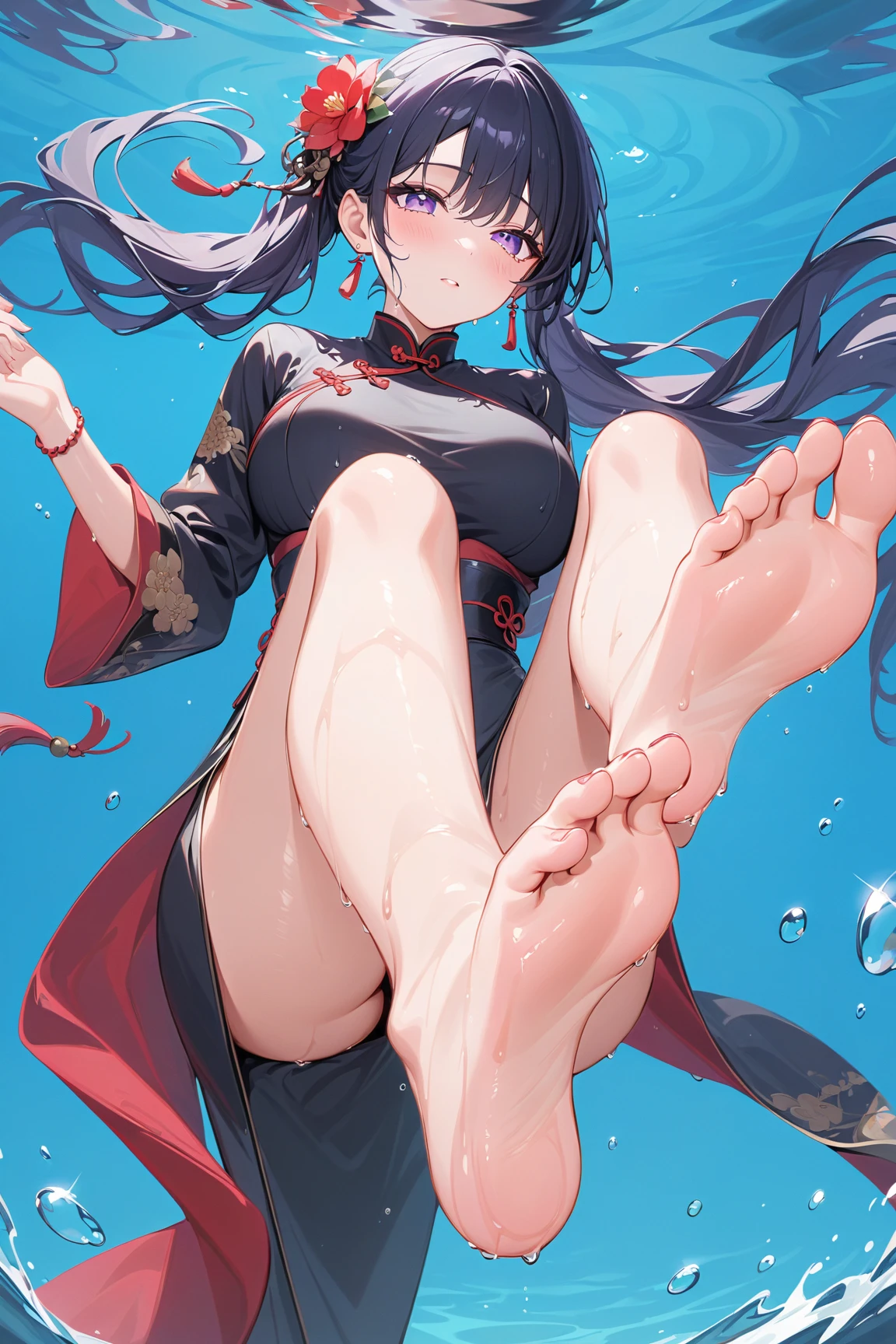 nsfw, (full nude), 1girl, pussy, Hairless Pussy, breast, tummy, small breast, firm breasts, spoken heart, love juice, from below, (embarrassed, blush, in heat:1.2), orgasm, troubled face, (spread legs, knees up, toes:1.2), lying down, at the beach, (masterpiece, best quality, perfect anatomy, dynamic lighting, character focus:1.2), (close to viewer:1.3), closed eyes, open mouth, white skin, Nakiri Ayame, long hair, AyameFrills, frilled hairband